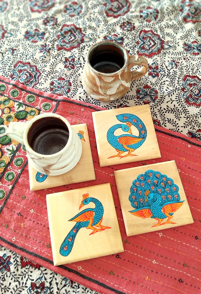 Pattachitra Dancing Peacocks Wood Coasters